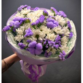 Арт. 0705. Кустовая хризантема "Бакарди" 5шт, статица , хлопок , современное комбинированное оформление